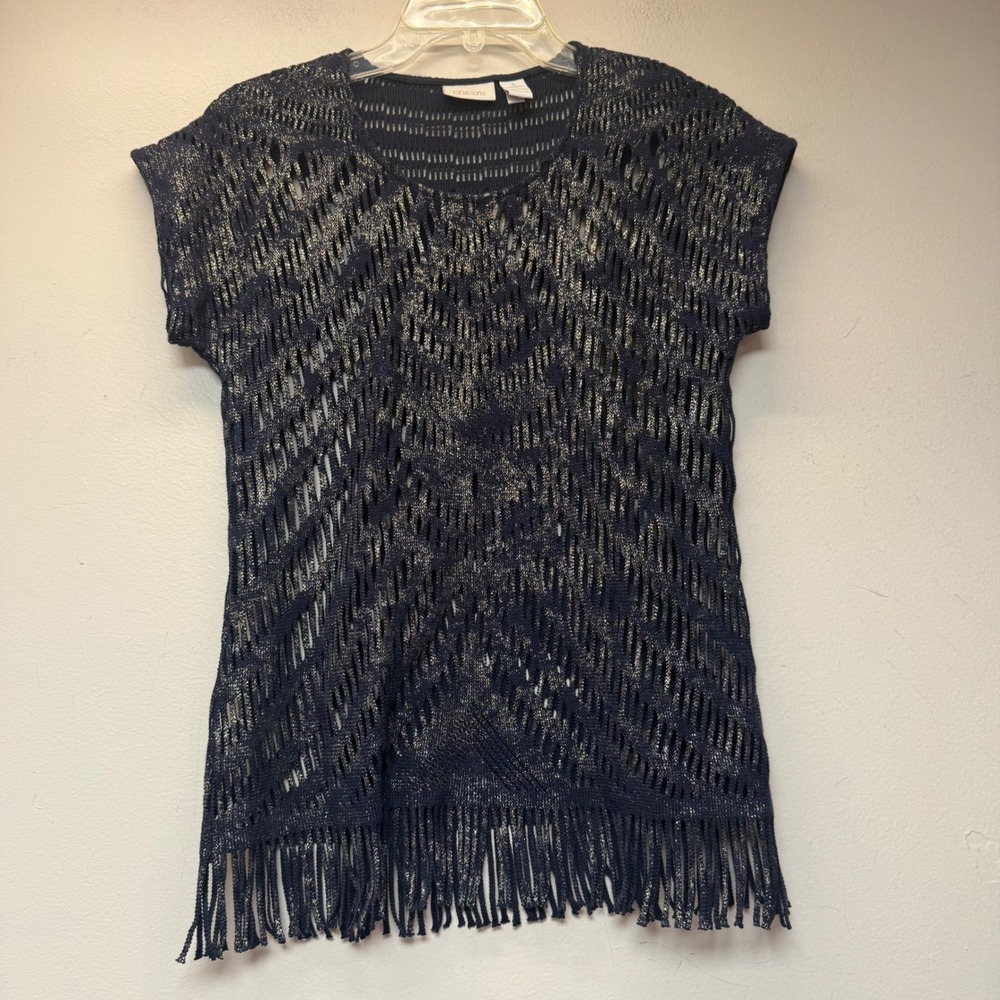 Chico's Crochet Knit Top Womens 1 Small Navy Blue Excellent Metallic Fringe Boho